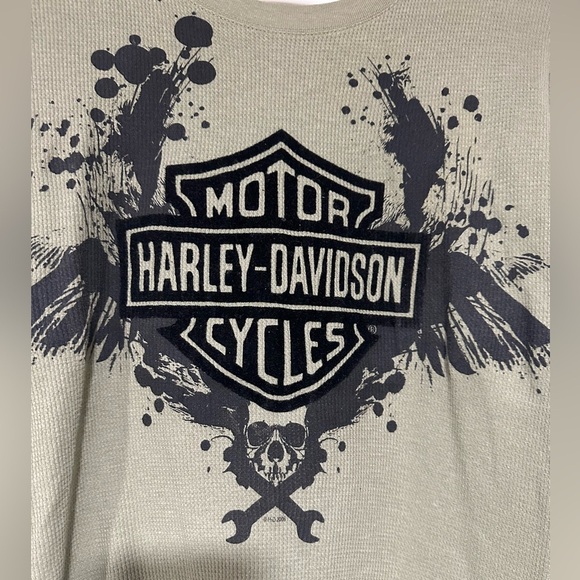 Harley Davidson Long Sleeve Thermal Womens Green Skull Cross Wrench Medium - Picture 2 of 5